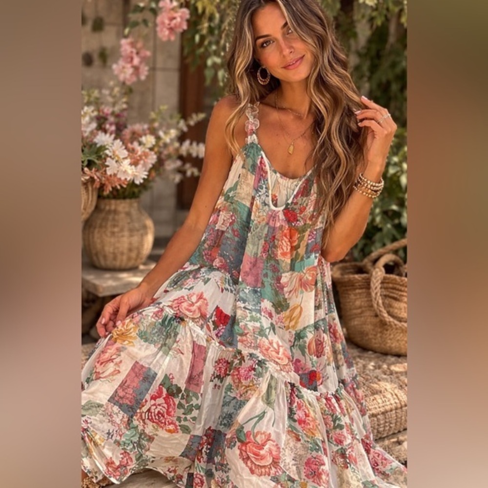 Anthropologie Patchwork Floral Midi Dress XS -Medium Oversized